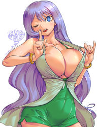 Rule 34 | 1girl, amania orz, artist name, blue eyes, blue hair, blush, boku no hero academia, bracelet, breasts, character name, cleavage, dated, dress, green dress, hadou nejire, jewelry, large breasts, looking at viewer, one eye closed, open mouth, shiny clothes, shiny skin, simple background, solo, white background