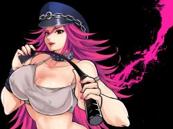 Rule 34 | 1girl, blue eyes, bracer, breasts, collar, covered erect nipples, crop top, eye (mememem), female focus, final fight, hat, large breasts, lips, lipstick, long hair, makeup, nail polish, off shoulder, peaked cap, pink hair, pink nails, poison (final fight), riding crop, simple background, solo, spaghetti strap, studded collar, upper body