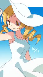 Rule 34 | 10s, 1girl, adjusting clothes, adjusting headwear, bad id, bad twitter id, blonde hair, chabashira (otya), collarbone, dated, dress, drill hair, gradient background, hat, looking away, mahou shoujo madoka magica, mahou shoujo madoka magica (anime), simple background, sketch, smile, solo, sun hat, sundress, tomoe mami, twin drills, white dress, white hat, yellow eyes