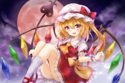 Rule 34 | 1girl, ascot, bad id, bad pixiv id, blonde hair, fang, flandre scarlet, full moon, hat, holding, holding weapon, kata rosu, laevatein (touhou), mob cap, moon, night, night sky, outdoors, pleated skirt, red eyes, red footwear, red skirt, red vest, skirt, sky, socks, solo, touhou, vest, weapon, white hat, white socks, wings, wrist cuffs, yellow ascot
