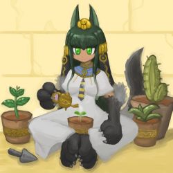Rule 34 | 1girl, alternate costume, animal ears, animal hands, anubis (monster girl encyclopedia), artist request, barefoot, closed mouth, commentary, commentary request, commission, dress, egyptian, english commentary, fewer digits, green eyes, green hair, hair ornament, holding, indian style, kinone, long dress, monster girl, monster girl encyclopedia, necktie, plant, pot, potted plant, sand, sitting, smile, snake hair ornament, solo, tail, tail raised, watering, watering can, white dress, wolf ears, wolf tail