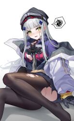 Rule 34 | 1girl, absurdres, beanie, black gloves, black hat, black pantyhose, blue hoodie, blush, clukay (neural cloud), commentary request, foot out of frame, girls&#039; frontline, girls&#039; frontline neural cloud, gloves, green eyes, grey hair, hair ornament, hand on ground, hat, highres, hk416 (girls&#039; frontline), hood, hood down, hoodie, jacket, long hair, long sleeves, looking at viewer, no shoes, off shoulder, open mouth, pantyhose, shenqi xiao hong zai nali, simple background, sitting, solo, speech bubble, squiggle, teardrop tattoo, torn clothes, torn hoodie, torn pantyhose, white background, white jacket