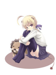 Rule 34 | 00s, 1girl, animal ears, artoria pendragon (all), artoria pendragon (fate), blonde hair, blouse, brown eyes, fate/stay night, fate (series), lion, lion ears, panties, saber (fate), satomi (black scarecrow), shirt, sitting, solo, stuffed animal, stuffed lion, stuffed toy, tail, thighhighs, underwear