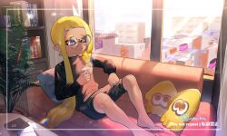 Rule 34 | 1boy, artist name, black shirt, black shorts, blonde hair, blue eyes, book, bookshelf, border, braid, closed mouth, commentary, couch, cup, glasses, holding, holding cup, indoors, inkling, inkling boy, inkling player character, jinkoika, long hair, male focus, nintendo, pillow, plant, pointy ears, round eyewear, shirt, shorts, smile, solo, splatoon (series), sunlight, symbol-only commentary, teacup, tentacle hair, white border, window, yellow-framed eyewear