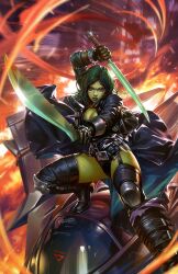 Rule 34 | 1girl, aircraft, black coat, black footwear, black garter straps, black leotard, black lips, blurry, blurry background, boots, breasts, brown gloves, cleavage, coat, colored skin, dcwj, depth of field, dual wielding, fire, gamora, garter straps, gloves, green hair, green skin, highres, holding, holding sword, holding weapon, large breasts, leotard, long coat, long hair, looking at viewer, marvel, open clothes, open coat, scar, scar on leg, signature, solo, sword, thigh boots, weapon
