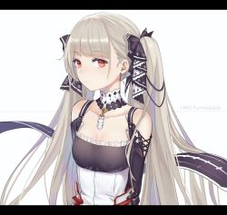 Rule 34 | 1girl, absurdres, alternate breast size, anbe yoshirou, azur lane, black bow, black dress, bow, breasts, character name, cleavage, collarbone, commentary request, detached collar, dress, earrings, flight deck, formidable (azur lane), hair bow, highres, jewelry, letterboxed, long hair, long sleeves, looking at viewer, medium breasts, parted lips, red eyes, silver hair, solo, twintails, upper body, very long hair