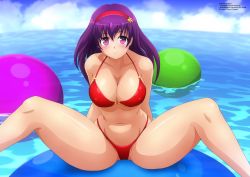 Rule 34 | 1girl, arm support, asamiya athena, athena (series), ball, beachball, bikini, blush, breasts, cleavage, cloud, collarbone, hairband, highres, large breasts, looking at viewer, navel, o-ring, o-ring bikini, ocean, psycho soldier, purple eyes, purple hair, red bikini, sitting, sky, smile, snk, star (symbol), swimsuit, the king of fighters, water, zel-sama