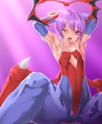 Rule 34 | armpits, arms up, capcom, flat chest, leotard, lilith aensland, nipples, pantyhose, purple hair, red eyes, short hair, sweat, vampire (game), wings