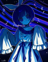 Rule 34 | 1girl, blank stare, blue background, blue eyes, blue hair, blue ribbon, blue theme, bow, closed mouth, dot mouth, dot nose, dress, empty eyes, expressionless, frilled dress, frills, hair bow, hairband, highres, indie utaite, long sleeves, looking at viewer, outline, pale skin, ribbon, short hair, signature, sleeves past fingers, sleeves past wrists, solo, unnamed girl (x0o0x), utaite, very long sleeves, w (02won won20), white bow, white hairband, white outline