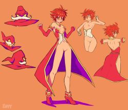 Rule 34 | 1girl, bare shoulders, bodysuit, breasts, character sheet, cleft of venus, dress, foie (foolintisimo), foolintisimo, full body, gloves, highres, multiple views, navel, nipples, orange bodysuit, original, pussy, red hair, short hair, simple background, small breasts, solo, standing