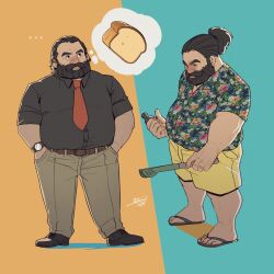 Rule 34 | 1boy, alternate beard length, alternate costume, alternate hair length, alternate hairstyle, aqua background, beard, belly, belt, black footwear, black hair, black shirt, blush, bottle, bread, casual, collared shirt, commentary, covered mouth, dress shirt, dungeon meshi, dwarf, english commentary, facial hair, flip-flops, floral print, food, formal, full beard, full body, grey pants, hair pulled back, hair slicked back, hands in pockets, hawaiian shirt, highres, holding, holding bottle, holding tongs, imagining, looking down, male focus, multiple views, mustache, necktie, no headwear, nose blush, nurve26, orange background, pants, ponytail, print shirt, red necktie, sandals, senshi (dungeon meshi), shirt, shirt tucked in, shoes, short sleeves, shorts, sideways glance, spoken food, standing, thought bubble, tongs, two-tone background, watch, wristwatch, yellow shorts