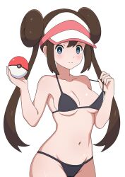Rule 34 | 1girl, absurdres, alternate costume, bikini, black bikini, blush, breasts, bright pupils, brown hair, closed mouth, collarbone, commentary, creatures (company), double bun, game freak, hair bun, highres, holding, holding poke ball, long hair, looking at viewer, medium breasts, mnkr98, navel, nintendo, poke ball, poke ball (basic), pokemon, pokemon bw2, rosa (pokemon), smile, solo, split mouth, strap slip, swimsuit, twintails, visor cap, white background, white pupils
