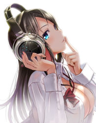Rule 34 | 1girl, absurdres, backlighting, black hair, blouse, blue eyes, blush, bow, bowtie, breasts, cleavage, finger to mouth, from side, headphones, highres, large breasts, long hair, looking at viewer, open clothes, open shirt, original, parted lips, shirt, simple background, smile, solo, stax, wadapen, white background, white shirt