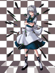 Rule 34 | 1girl, ankle lace-up, apron, braid, checkered background, cross-laced footwear, crossed arms, danmaku, embodiment of scarlet devil, female focus, floating, hair ribbon, high heels, izayoi sakuya, knife, maid, maid apron, maid headdress, one eye closed, red eyes, ribbon, shoes, silver hair, solo, taida jun, throwing knife, touhou, twin braids, weapon, wink