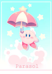 Rule 34 | blue eyes, blue sky, closed mouth, cloud, colored skin, commentary request, copy ability, english text, falling, gradient sky, highres, holding, holding umbrella, kirby, kirby (series), light blush, looking at viewer, nintendo, no humans, outline, parasol, parasol kirby, pink skin, red footwear, red umbrella, shadow, shirushiki, shoes, simple background, sky, smile, solo, star (symbol), straight-on, two-tone umbrella, umbrella, white outline, white umbrella