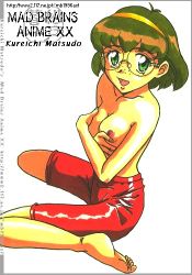 Rule 34 | 1girl, barefoot, breasts, brown hair, collarbone, covering privates, covering breasts, freckles, glasses, green eyes, hairband, kaneko mita, kneeling, looking at viewer, lowres, medium breasts, nipples, open mouth, princess nine, red shorts, short hair, shorts, smile, topless, white background