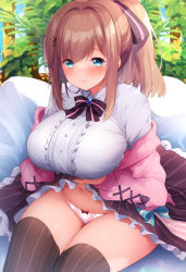 Rule 34 | 1girl, black bow, black bowtie, black skirt, black thighhighs, blue eyes, blue nails, blush, bow, bowtie, breast hold, breasts, brown hair, cardigan, center frills, closed mouth, frilled skirt, frills, fujisaki hikari, hair bow, hair ornament, hairclip, highres, large breasts, looking at viewer, nail polish, nijisanji, open cardigan, open clothes, panties, pink cardigan, pink panties, ponytail, shirt, sidelocks, sitting, skirt, smile, solo, striped clothes, striped skirt, striped thighhighs, suzuhara lulu, thighhighs, underwear, upskirt, vertical-striped clothes, vertical-striped skirt, vertical-striped thighhighs, virtual youtuber, white shirt, x hair ornament