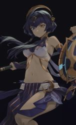 Rule 34 | 1girl, absurdres, black background, black hair, blue eyes, breasts, candace (genshin impact), closed mouth, dark-skinned female, dark skin, egyptian clothes, eye of horus, genshin impact, heterochromia, highres, holding, holding polearm, holding shield, holding weapon, looking at viewer, medium breasts, nium 404, orange eyes, polearm, shield, short hair with long locks, simple background, solo, weapon