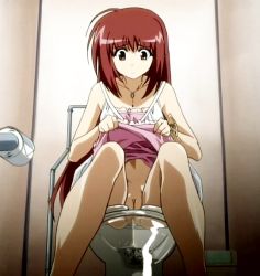 Rule 34 | 00s, artist request, bathroom, clothes lift, lisianthus, nude filter, peeing, pov, pussy, red hair, shuffle!, skirt, skirt lift, third-party edit, toilet, uncensored, x-ray