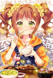 Rule 34 | 1girl, :t, blush, bowl, brown hair, chopsticks, closed mouth, commentary request, crying, crying with eyes open, dated, eating, ech, flower, food, green eyes, hair flower, hair ornament, holding, holding bowl, holding chopsticks, hood, hood down, hoodie, idolmaster, idolmaster (classic), long hair, long sleeves, looking at viewer, md5 mismatch, orange hoodie, overalls, puffy long sleeves, puffy sleeves, resolution mismatch, sidelocks, solo, source larger, sparkle, takatsuki yayoi, tears, text background, translation request, twintails, upper body, wavy mouth, yellow flower