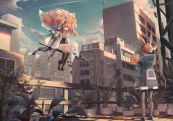 Rule 34 | 2girls, absurdres, amiya (arknights), angelina (arknights), animal ears, anklet, arknights, arm up, beancake, black coat, black footwear, black shirt, black socks, bouquet, breasts, brown eyes, brown hair, building, city, coat, contrail, day, eye contact, flower, flying, fox ears, full body, gloves, hairband, highres, holding, holding bouquet, hood, hood down, jewelry, kneehighs, long hair, long sleeves, looking at another, low ponytail, multiple girls, open clothes, open coat, outdoors, pantyhose, plant, potted plant, rabbit ears, railing, red hairband, rooftop, shirt, shoes, sitting, sneakers, socks, standing, very long hair, waving, white coat, white gloves