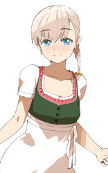 Rule 34 | 1girl, asava (hutaitenn), blonde hair, blue eyes, blush, bow, braid, closed mouth, commentary request, cowboy shot, dirndl, german clothes, hair bow, kantai collection, looking at viewer, medium hair, orange bow, shin&#039;you (kancolle), simple background, smile, solo, white background