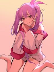 Rule 34 | 1girl, absurdres, bare legs, blush, highres, knees together feet apart, off shoulder, original, oversized clothes, pink eyes, pink hair, sitting, sketch, sleeves past wrists, smile, solo, tsurime, twintails, uthy