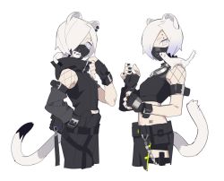 Rule 34 | 2girls, animal, animal ears, animal on shoulder, arknights, barcode, barcode tattoo, black gloves, black mask, black nails, black pants, black shorts, black skirt, blue eyes, commentary, cowboy shot, cropped legs, detached sleeves, dual persona, ear piercing, ermine, eyebrow piercing, ferret, ferret ears, ferret girl, ferret tail, fingerless gloves, gloves, hand in pocket, hood basket, kuroblood, looking at viewer, mask, mouth mask, multiple girls, nail polish, pants, piercing, prototype design, shirayuki (arknights), short hair, shorts, simple background, skirt, tail, tattoo, weasel, weasel ears, weasel tail, white background
