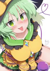 Rule 34 | 1girl, absurdres, alternate breast size, black hat, breasts, green eyes, green hair, green skirt, hat, heart, heart of string, highres, komeiji koishi, large breasts, long sleeves, looking at viewer, polyhedron2, shirt, short hair, signature, simple background, skirt, solo, third eye, tongue, tongue out, touhou, white background, yellow shirt