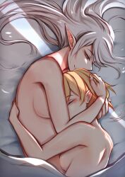 2girls absurdres bed_sheet blanket blonde_hair blush breast_press breasts closed_eyes closed_mouth commentary elf elfboiii english_commentary from_above grey_eyes head_hug highres hug light_smile long_hair lying medium_breasts multiple_girls naked_sheet nude on_side original pointy_ears short_hair under_covers white_hair yuri