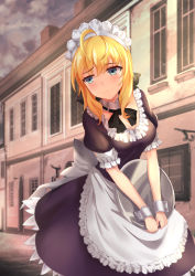 Rule 34 | 1girl, absurdres, alternate costume, antenna hair, artoria pendragon (all), artoria pendragon (fate), black dress, black ribbon, blonde hair, blue eyes, blush, breasts, building, cleavage, closed mouth, cloud, cloudy sky, day, detached collar, dress, enmaided, fate/stay night, fate (series), frilled sleeves, frills, gekkan shounen yamaneko-kun, highres, holding, holding tray, looking away, maid, maid headdress, medium breasts, neck ribbon, outdoors, puffy short sleeves, puffy sleeves, ribbon, saber (fate), short sleeves, sky, solo, tray, window, wrist cuffs