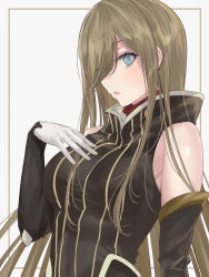 Rule 34 | 1girl, black dress, blue eyes, blush, breasts, brown hair, detached sleeves, dress, gloves, hand on own chest, highres, long hair, looking at viewer, mexif, parted lips, simple background, solo, tales of (series), tales of the abyss, tear grants, upper body, very long hair