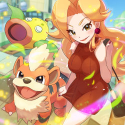 Rule 34 | 1girl, beauty (pokemon), blonde hair, blurry, blurry background, blush, breasts, brown bag, brown dress, closed mouth, commentary request, creatures (company), day, dress, earrings, eyelashes, falling leaves, game freak, gen 1 pokemon, growlithe, holding strap, jewelry, leaf, lipstick, long hair, makeup, nail polish, nintendo, outdoors, pokemon, pokemon (creature), pokemon lgpe, sleeveless, sleeveless dress, smile, tom (pixiv10026189), weepinbell, yellow eyes