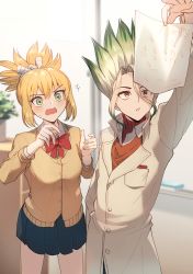 Rule 34 | 1boy, 1girl, alternate costume, arm up, black skirt, blonde hair, blurry, blurry background, blush, bow, bowtie, cardigan, casual, collared shirt, cowboy shot, dr. stone, embarrassed, gradient hair, green eyes, green hair, hair between eyes, holding, indoors, ishigami senkuu, kohaku (dr. stone), lab coat, long sleeves, miniskirt, multicolored hair, nanase (nns 6077), open mouth, orange sweater, pleated skirt, red bow, red bowtie, red eyes, school uniform, shirt, silver hair, skirt, spiked hair, sweatdrop, sweater, wavy mouth, wing collar, yellow cardigan