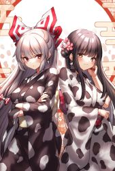 Rule 34 | 2girls, absurdres, alternate costume, animal print, black hair, black kimono, blush, bow, breasts, closed mouth, commentary request, cow earrings, cow print, crossed arms, earrings, egasumi, expressionless, feet out of frame, fingernails, flower, fujiwara no mokou, hair bow, hair bun, hair flower, hair ornament, hand on own cheek, hand on own face, highres, houraisan kaguya, japanese clothes, jewelry, kimono, long fingernails, long sleeves, looking at viewer, medium breasts, multicolored nails, multiple girls, nail polish, new year, obi, pink flower, print kimono, red eyes, sash, side bun, silver hair, single hair bun, single side bun, smile, standing, touhou, v-shaped eyebrows, waramori fuzuka, white bow, white kimono, wide sleeves, yellow eyes