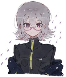 Rule 34 | 1other, black jacket, closed mouth, commentary request, glasses, grey hair, hair between eyes, halara nightmare, jacket, looking at viewer, master detective archives: rain code, mikomi (90m5x), off shoulder, other focus, pink-framed eyewear, pink eyes, semi-rimless eyewear, short hair, solo, symbol in eye, upper body, water drop, white background