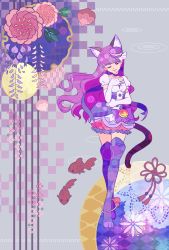 Rule 34 | 1girl, ;), animal ear fluff, animal ears, anklet, boots, cat ears, cat girl, cat tail, choker, closed mouth, collarbone, cure macaron, elbow gloves, floating hair, food-themed hair ornament, full body, gloves, hair ornament, head tilt, highres, jewelry, kirakira precure a la mode, kotozume yukari, long hair, looking at viewer, macaron hair ornament, miniskirt, one eye closed, precure, purple choker, purple eyes, purple footwear, purple hair, short sleeves, skirt, smile, solo, standing, strawberrylove2525, tail, thigh boots, thighhighs, very long hair, white gloves, zettai ryouiki