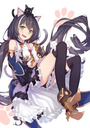 Rule 34 | 1girl, animal, animal ear fluff, animal ears, black hair, black panties, black thighhighs, blush, boots, cat, clothes between thighs, dress, fang, floating, frilled dress, frills, green eyes, hair between eyes, highres, holding, holding animal, karyl (princess connect!), knees up, long hair, looking at viewer, low twintails, multicolored hair, multiple cats, open mouth, over-kneehighs, panties, patterned background, paw print, princess connect!, shirt, skirt, smile, solo, streaked hair, tail, thighhighs, twintails, underwear, very long hair, vest, white hair, white shirt, wide sleeves, yachimoto