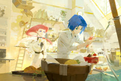 Rule 34 | 1boy, 1girl, a-shacho, apron, bag, blue eyes, blue hair, bread, clock, collared shirt, commentary request, cooking, creatures (company), earrings, food, fruit, game freak, gen 1 pokemon, gloves, green eyes, holding, holding tray, indoors, james (pokemon), jessie (pokemon), jewelry, ladder, long hair, looking at another, meowth, nintendo, plant, pokemon, pokemon (anime), pokemon (creature), red hair, shelf, shirt, striped clothes, striped shirt, team rocket, tray, vertical-striped clothes, vertical-striped shirt