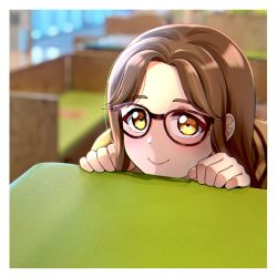Rule 34 | 1girl, absurdres, blush, brown eyes, brown hair, commentary, english commentary, glasses, hair behind ear, highres, kunikida hanamaru, love live!, love live! sunshine!!, parted bangs, photo-referenced, photo background, ska.harumi, smile, solo