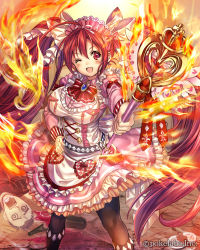 Rule 34 | 1girl, blush, bow, breasts, eikou no guardian battle, fire, hand on own hip, heart, highres, large breasts, long hair, looking at viewer, madogawa, one eye closed, open mouth, red eyes, red hair, skirt, smile, solo, twintails, very long hair