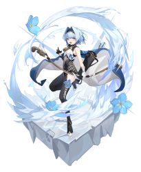 Rule 34 | 1girl, absurdres, arrow (projectile), bare shoulders, black gloves, black hairband, blue hair, bow, bow (weapon), brown hair, fang, fang out, flower, forget-me-not (flower), gloves, hair intakes, hairband, half gloves, highres, holding, holding bow (weapon), holding weapon, linnnp, open mouth, original, quiver, side cape, simple background, symbol-shaped pupils, tagme, weapon, white gloves, wrist cuffs