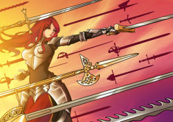 Rule 34 | 1girl, absurdres, armor, breastplate, breasts, brown eyes, chainmail, cowboy shot, erza scarlet, fairy tail, faulds, floating, floating object, gauntlets, halberd, highres, large breasts, loen, long hair, parody, pointing sword, polearm, rapier, red hair, solo, sword, too many, weapon