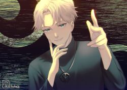 Rule 34 | 1boy, absurdres, artist name, black sweater, blonde hair, choujin x, chromatic aberration, green eyes, highres, ichiiro sato (choujin x), ikahueki, jewelry, looking at viewer, necklace, peace symbol, short hair, smile, solo, sweater