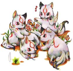 Rule 34 | amaterasu (ookami), animal ears, animal focus, chibi, child, dog, issun, lowres, multiple dogs, no humans, ookami (game), tattoo, white hair, wolf