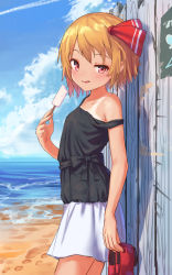 Rule 34 | 1girl, :q, alternate costume, bare shoulders, beach, black sash, black shirt, blonde hair, blouse, blue sky, blush, casual, cloud, commentary request, contemporary, cowboy shot, day, fence, food, footprints, hair ribbon, highres, holding, holding food, holding shoes, looking at viewer, miniskirt, outdoors, popsicle, red eyes, red footwear, red ribbon, ribbon, roke (taikodon), rumia, sash, shadow, shirt, shoes, short hair, sidelocks, skirt, sky, smile, solo, standing, strap slip, tan, tanline, tongue, tongue out, touhou, uneven eyes, white skirt