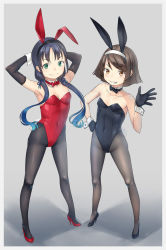 Rule 34 | 10s, 2girls, animal ears, arms behind back, black bow, black bowtie, black gloves, black hair, black leotard, blue hair, bow, bowtie, breasts, detached collar, elbow gloves, fake animal ears, full body, gloves, green eyes, grey background, hairband, heibonkaeru, high heels, kantai collection, leotard, looking at viewer, multiple girls, orange eyes, pantyhose, parted lips, playboy bunny, rabbit ears, rabbit tail, red bow, red bowtie, red footwear, red leotard, shadow, shoes, short hair, simple background, small breasts, smile, standing, stiletto heels, strapless, strapless leotard, suzukaze (kancolle), tail, tanikaze (kancolle), white hairband, wrist cuffs