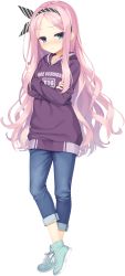 Rule 34 | 1girl, absurdres, artist request, bad link, blue eyes, cafe stella to shinigami no chou, clothes writing, crossed arms, denim, expressionless, full body, hairband, highres, hood, hoodie, jeans, long hair, long sleeves, looking at viewer, pants, parted bangs, pink hair, shioyama suzune, shoes, sneakers, solo, standing, transparent background