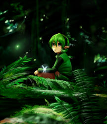 Rule 34 | 1girl, fairy, forest, green eyes, green hair, hairband, nature, nintendo, pointy ears, saria (zelda), short hair, sitting, solo, the legend of zelda, the legend of zelda: ocarina of time, yozu (yozu0420)