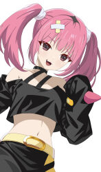 Rule 34 | 1girl, :d, belt, black choker, black shirt, black skirt, choker, collarbone, commentary request, creatures (company), fang, game freak, hair ornament, hand up, highres, long sleeves, looking at viewer, navel, nintendo, off-shoulder shirt, off shoulder, open mouth, pink hair, pokemon, pokemon (anime), pokemon horizons, coral (pokemon), shirt, skirt, sleeves past fingers, sleeves past wrists, smile, solo, tongue, tsukune (omaekusaina0501), twintails, yellow belt